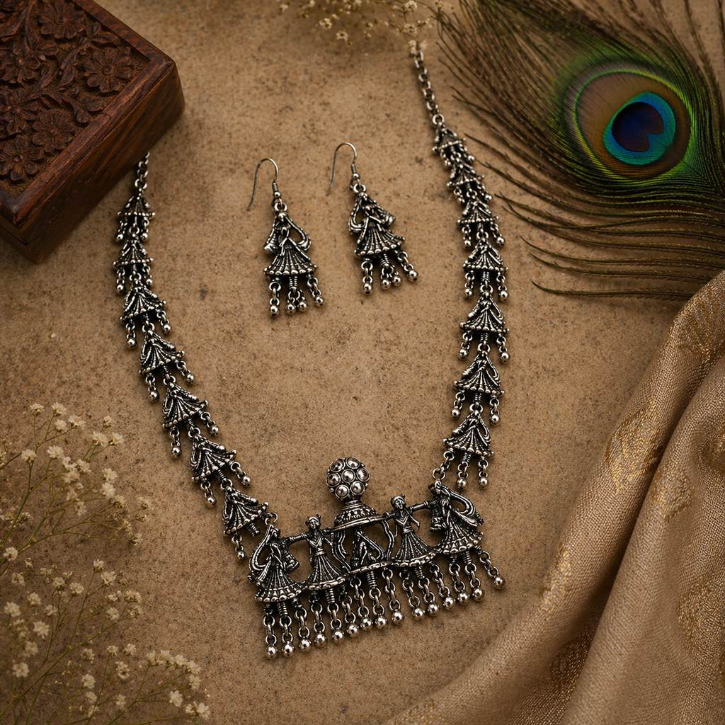 Dancing Doll Oxidised Long Necklace Set