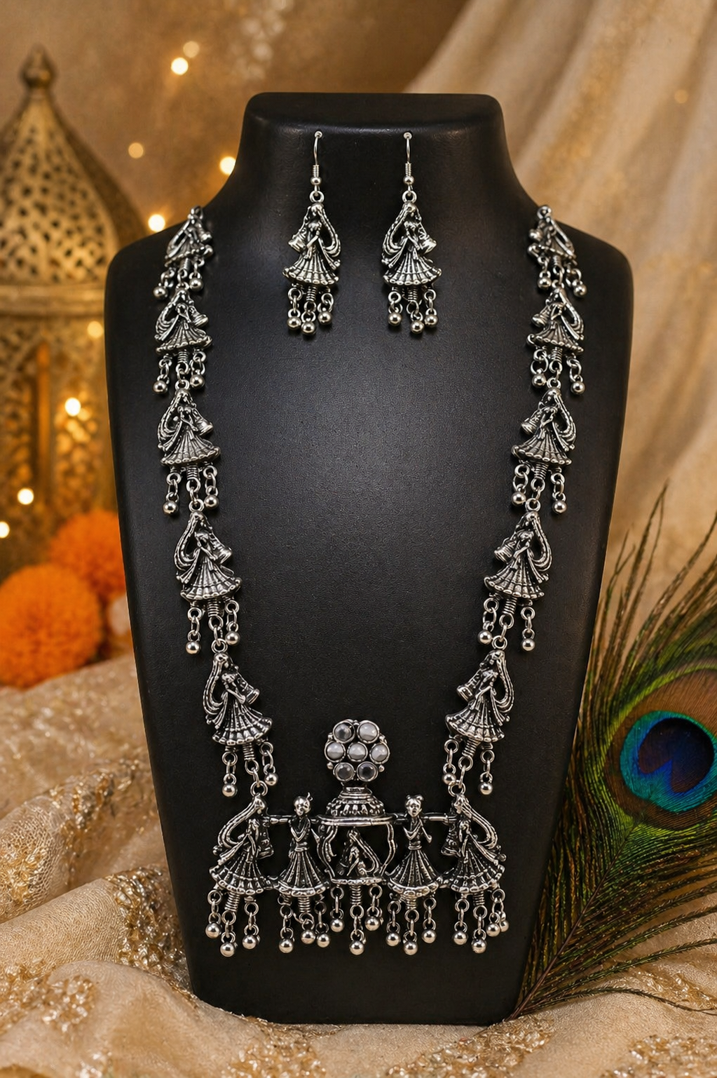 Dancing Doll Oxidised Long Necklace Set