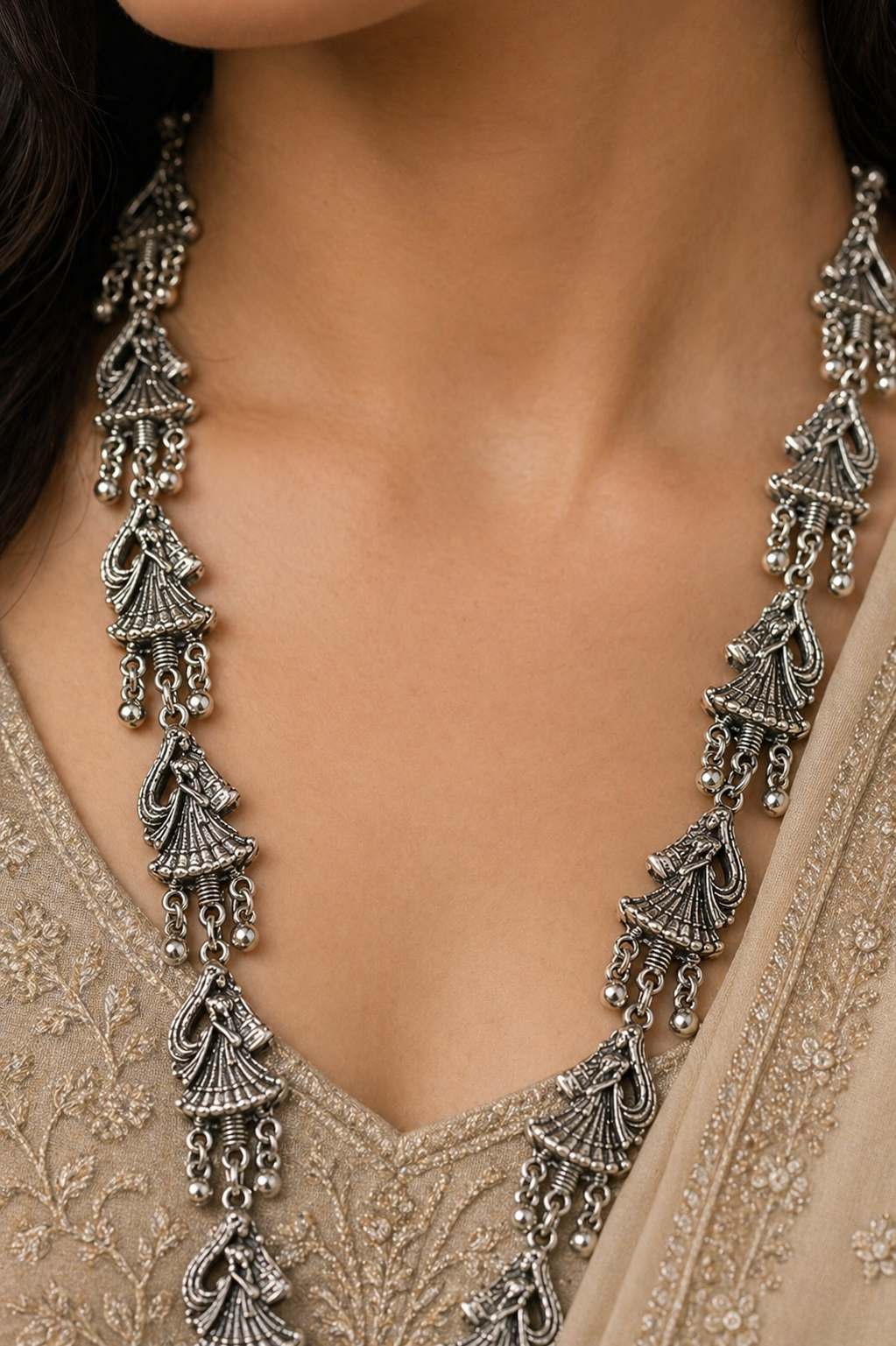 Dancing Doll Oxidised Long Necklace Set