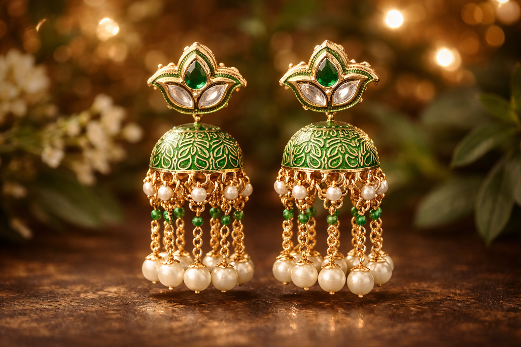 Green Meenakari Jhumka Earrings with Pearls