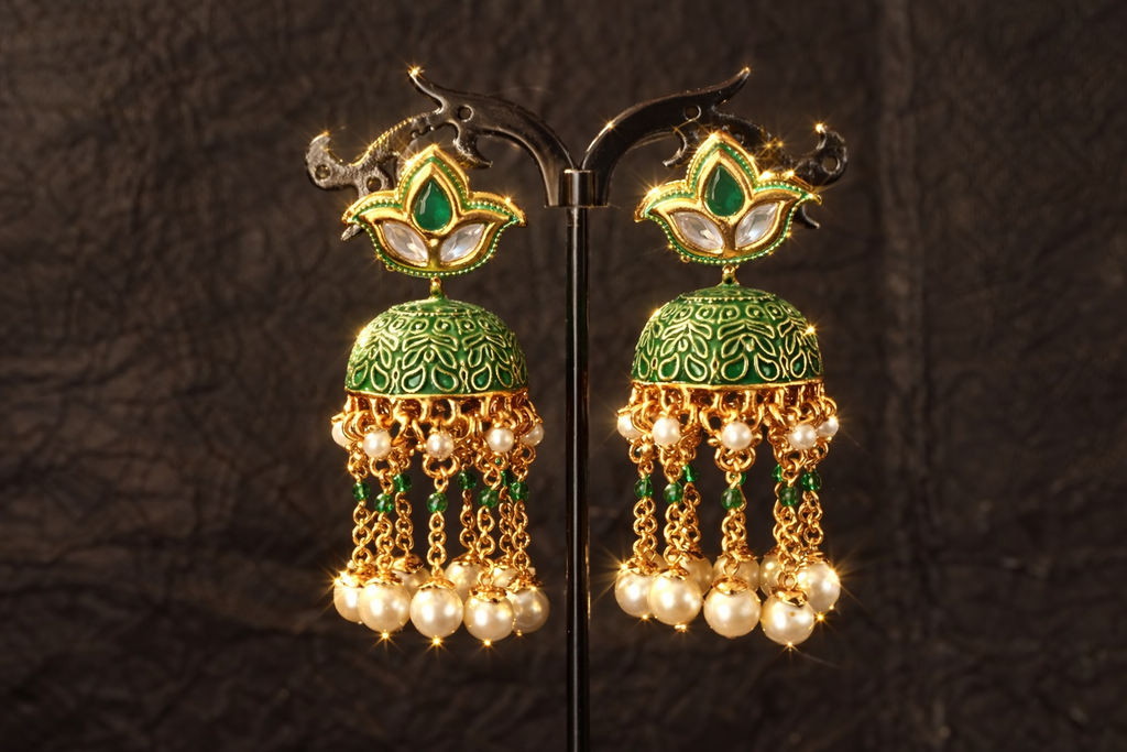Green Meenakari Jhumka Earrings with Pearls