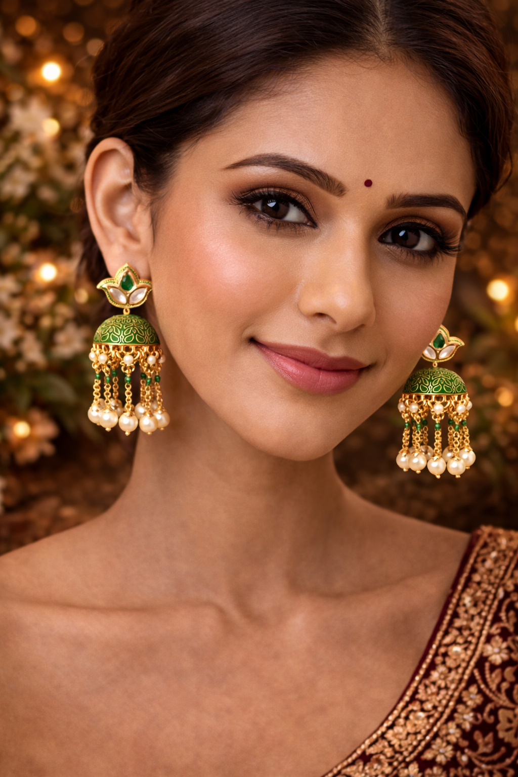 Green Meenakari Jhumka Earrings with Pearls
