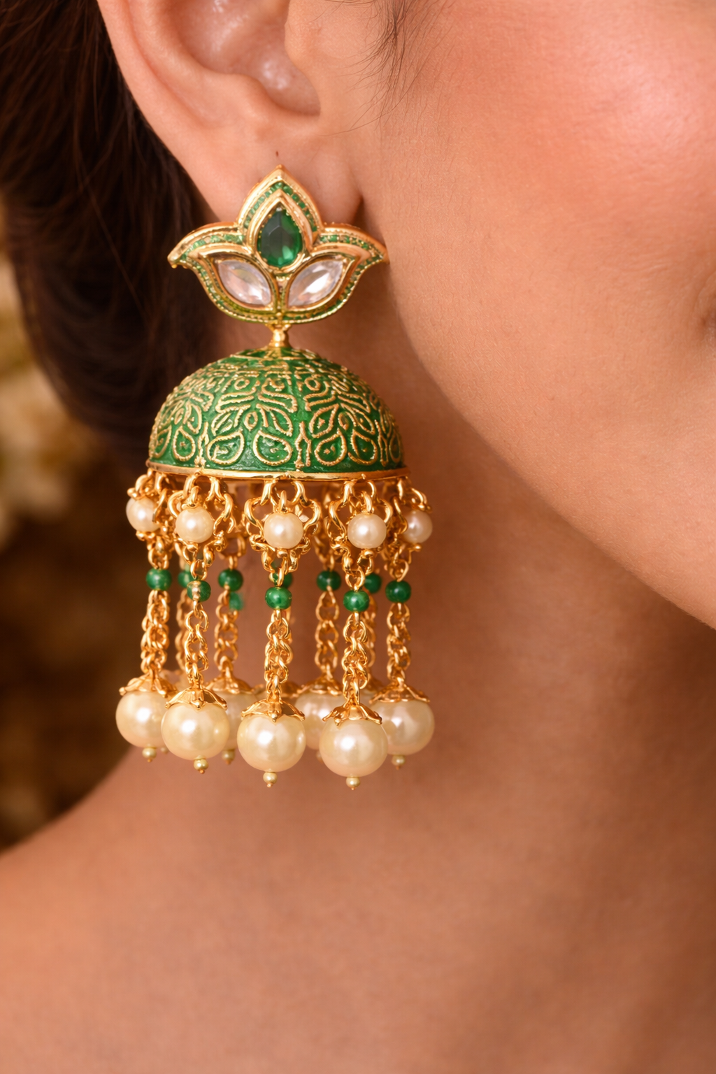 Green Meenakari Jhumka Earrings with Pearls