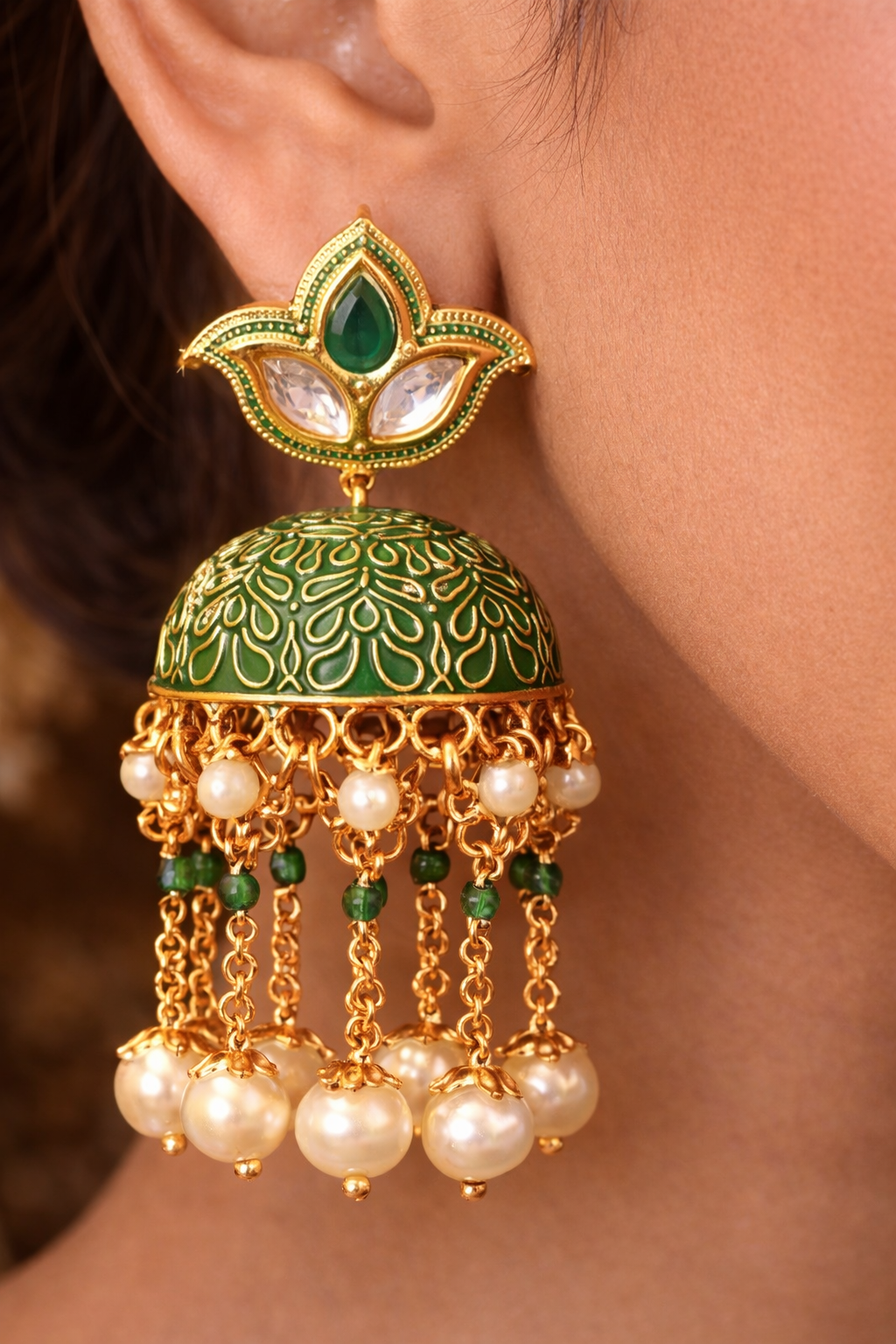 Green Meenakari Jhumka Earrings with Pearls