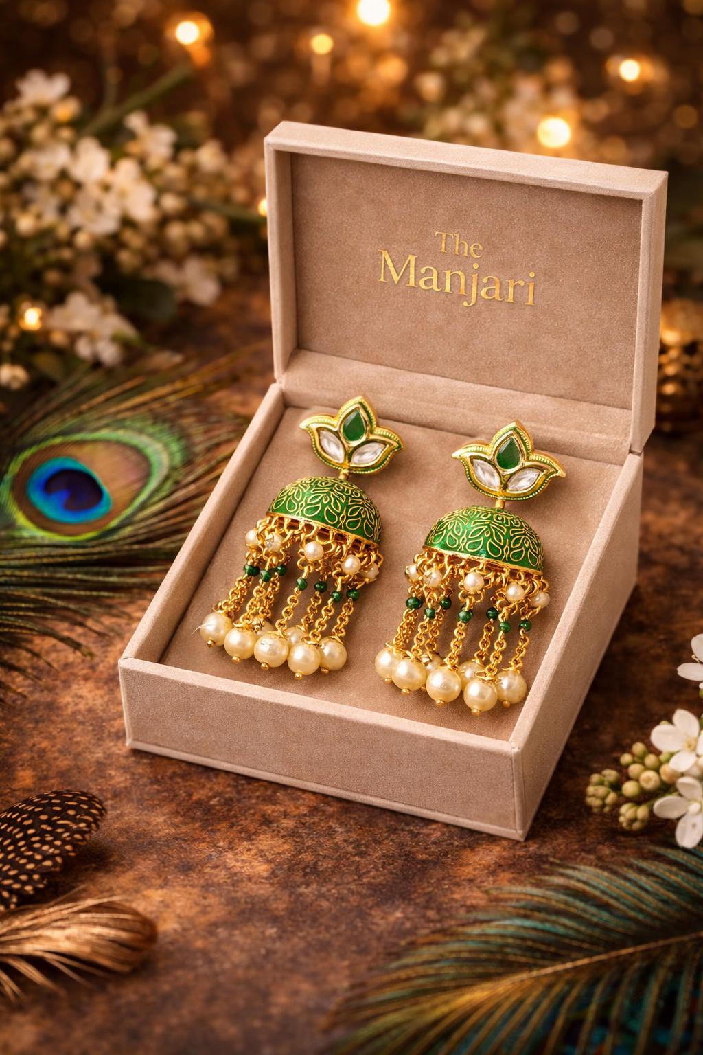 Green Meenakari Jhumka Earrings with Pearls