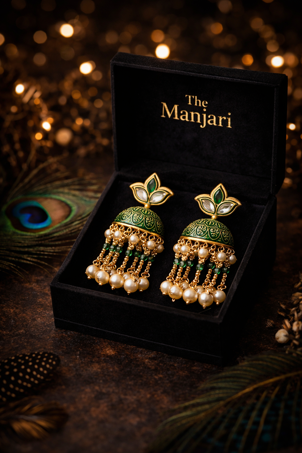 Green Meenakari Jhumka Earrings with Pearls
