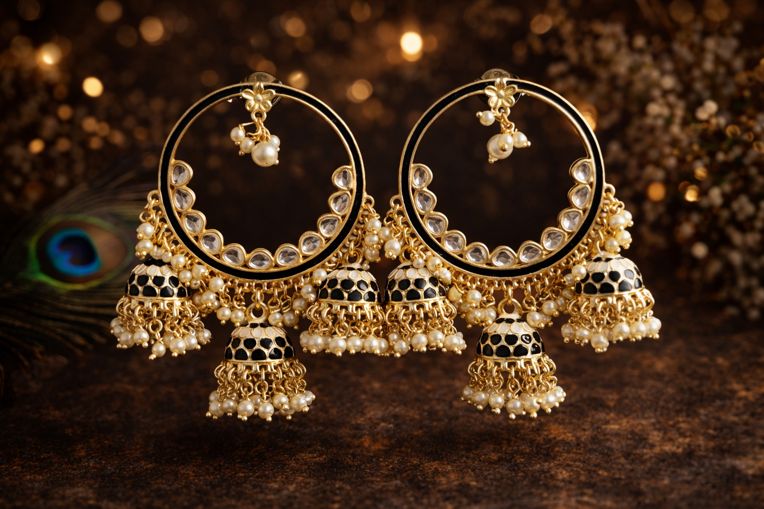 High Gold Hoop Chandbali Jhumka Earrings with Pearls