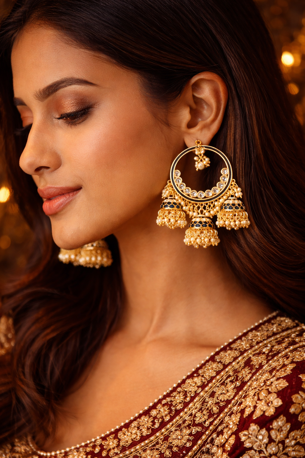 High Gold Hoop Chandbali Jhumka Earrings with Pearls