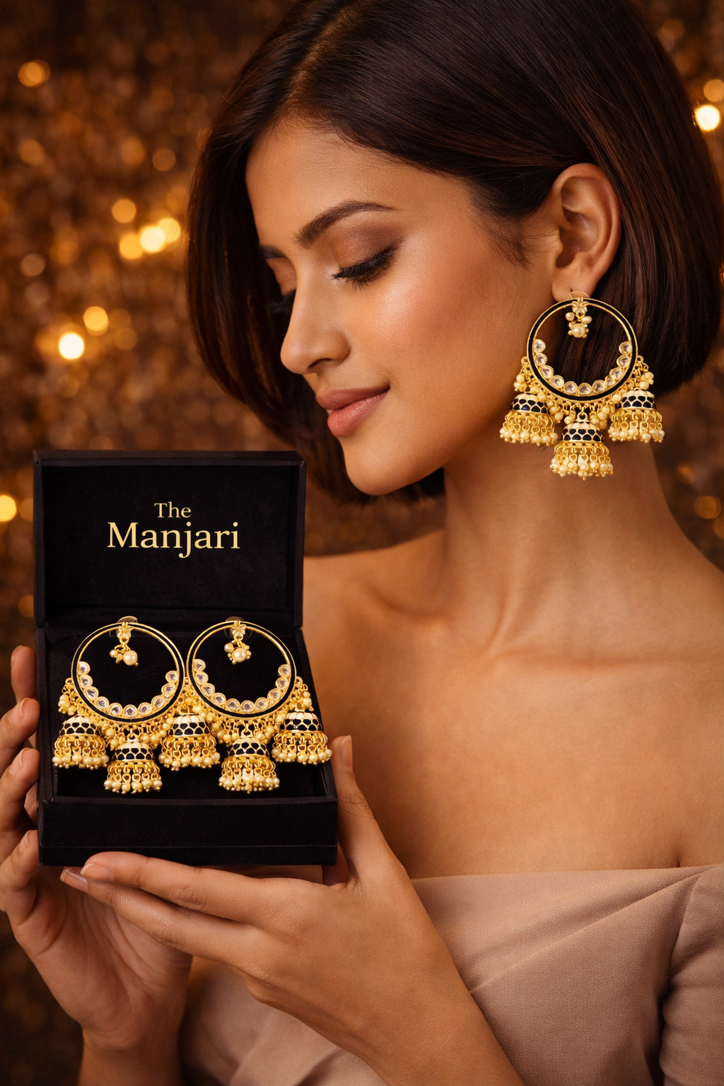 High Gold Hoop Chandbali Jhumka Earrings with Pearls
