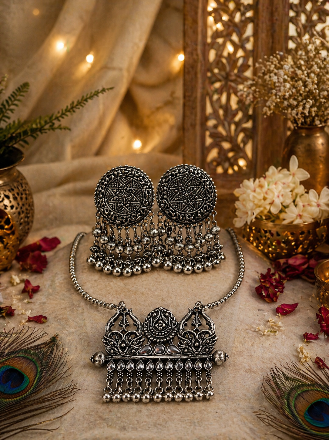 Regal Temple Cascade Long Necklace Set