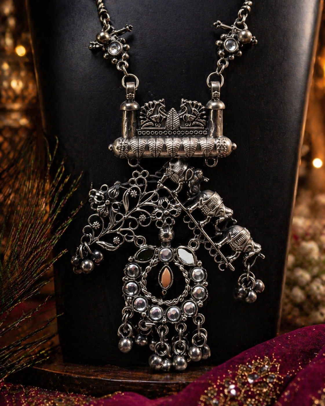 Oxidised Silver Floral Temple Long Necklace Set with Earring