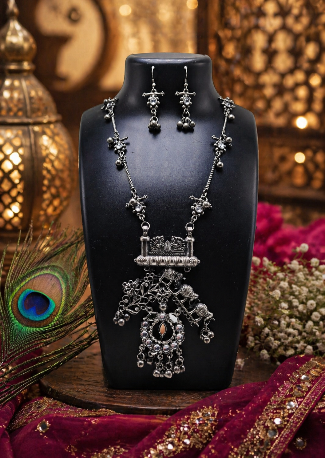 Oxidised Silver Floral Temple Long Necklace Set with Earring