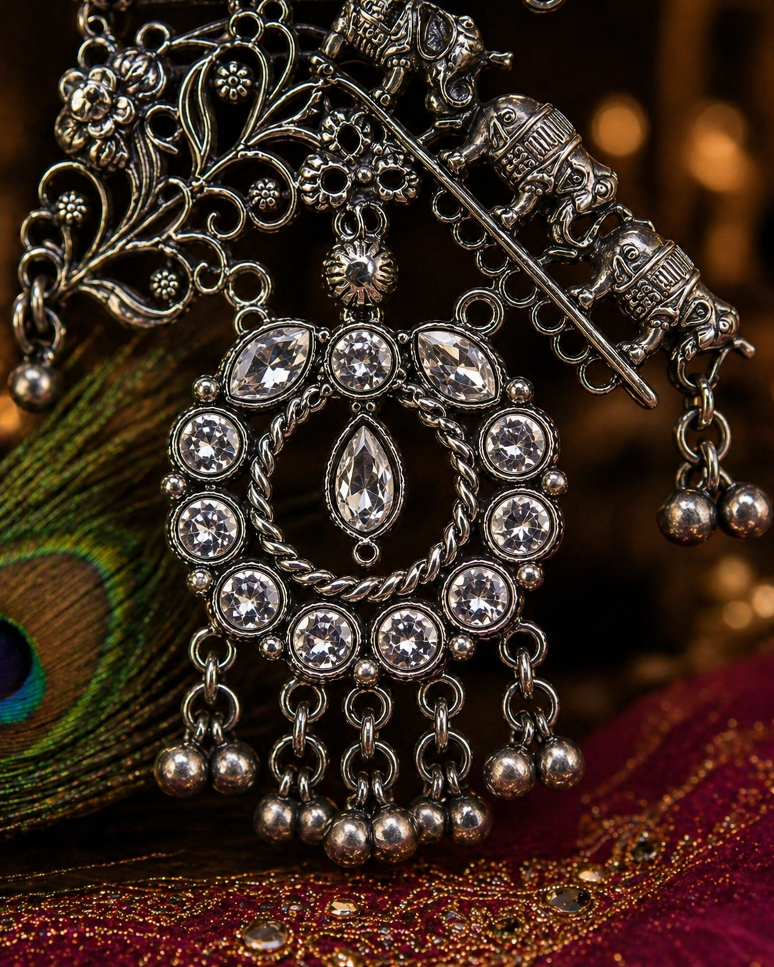 Oxidised Silver Floral Temple Long Necklace Set with Earring