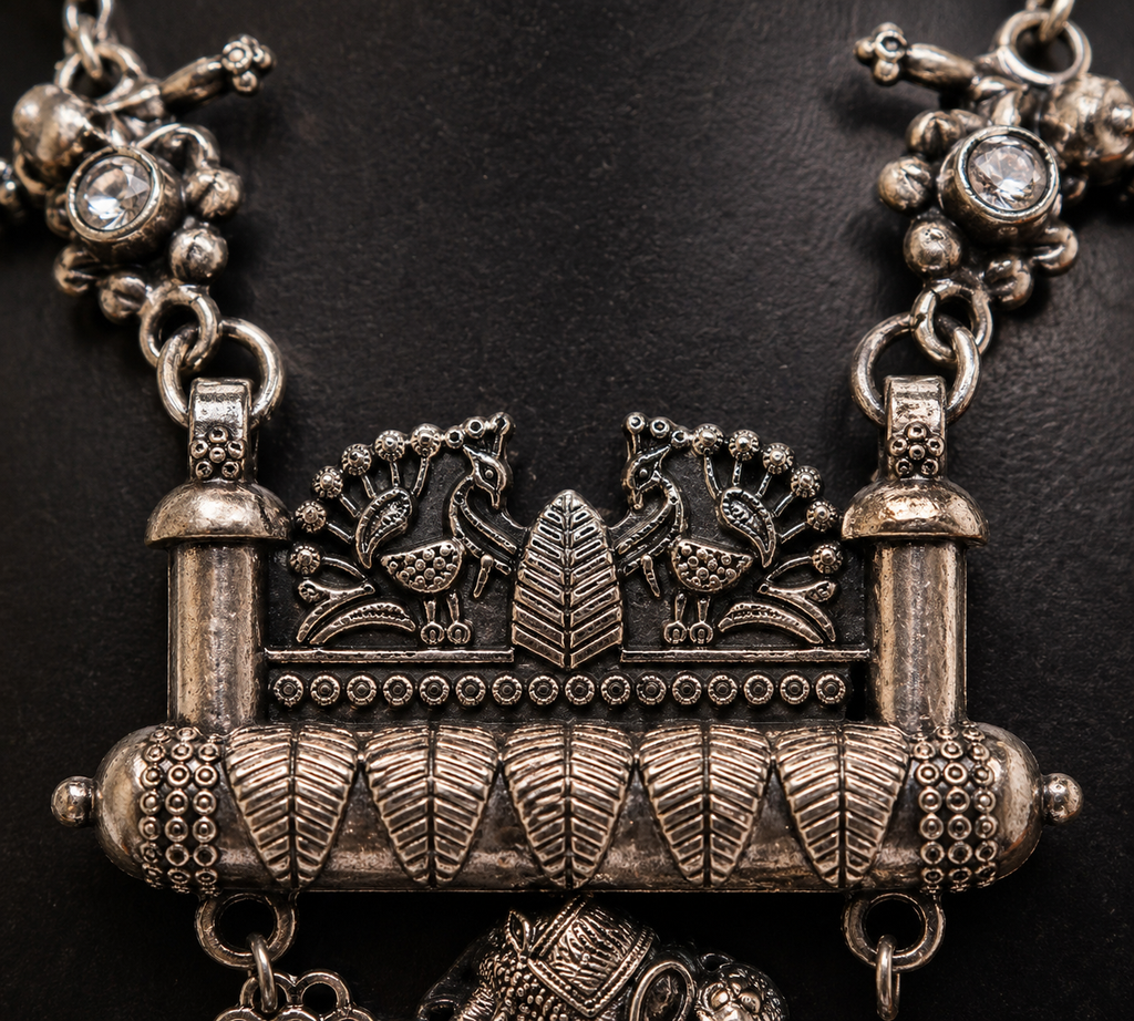 Oxidised Silver Floral Temple Long Necklace Set with Earring