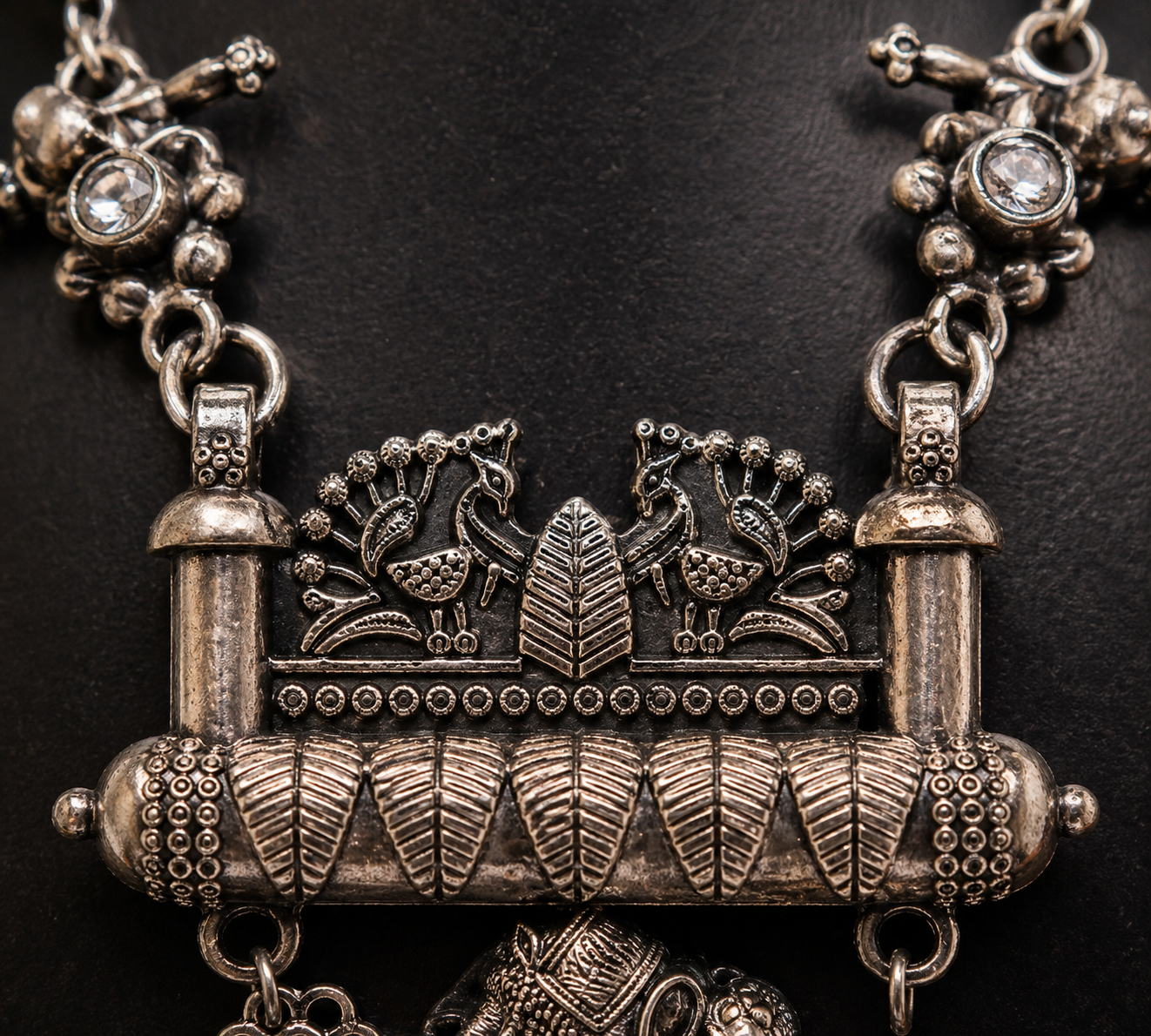 Oxidised Silver Floral Temple Long Necklace Set with Earring