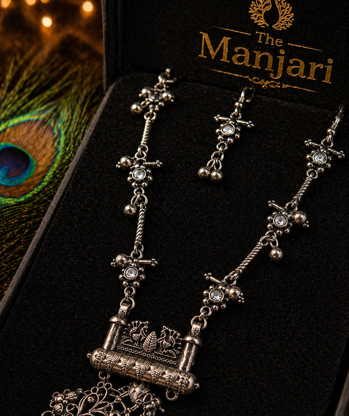 Oxidised Silver Floral Temple Long Necklace Set with Earring