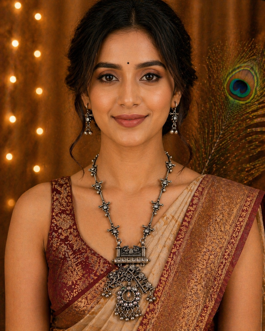 Oxidised Silver Floral Temple Long Necklace Set with Earring