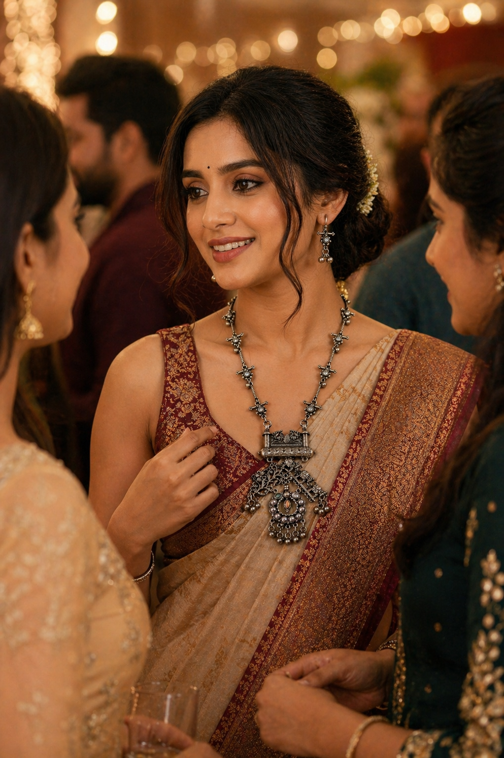 Oxidised Silver Floral Temple Long Necklace Set with Earring