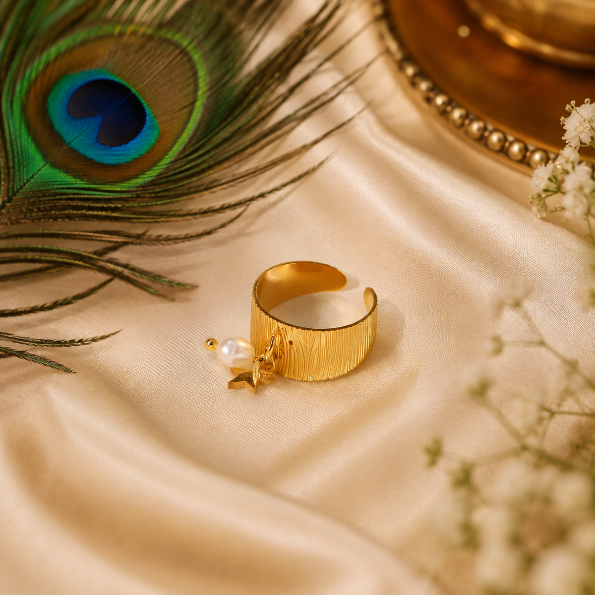 Adjustable Heart & Star Charm Ring | Waterproof 18K Gold Plated Stainless Steel Ring for Women