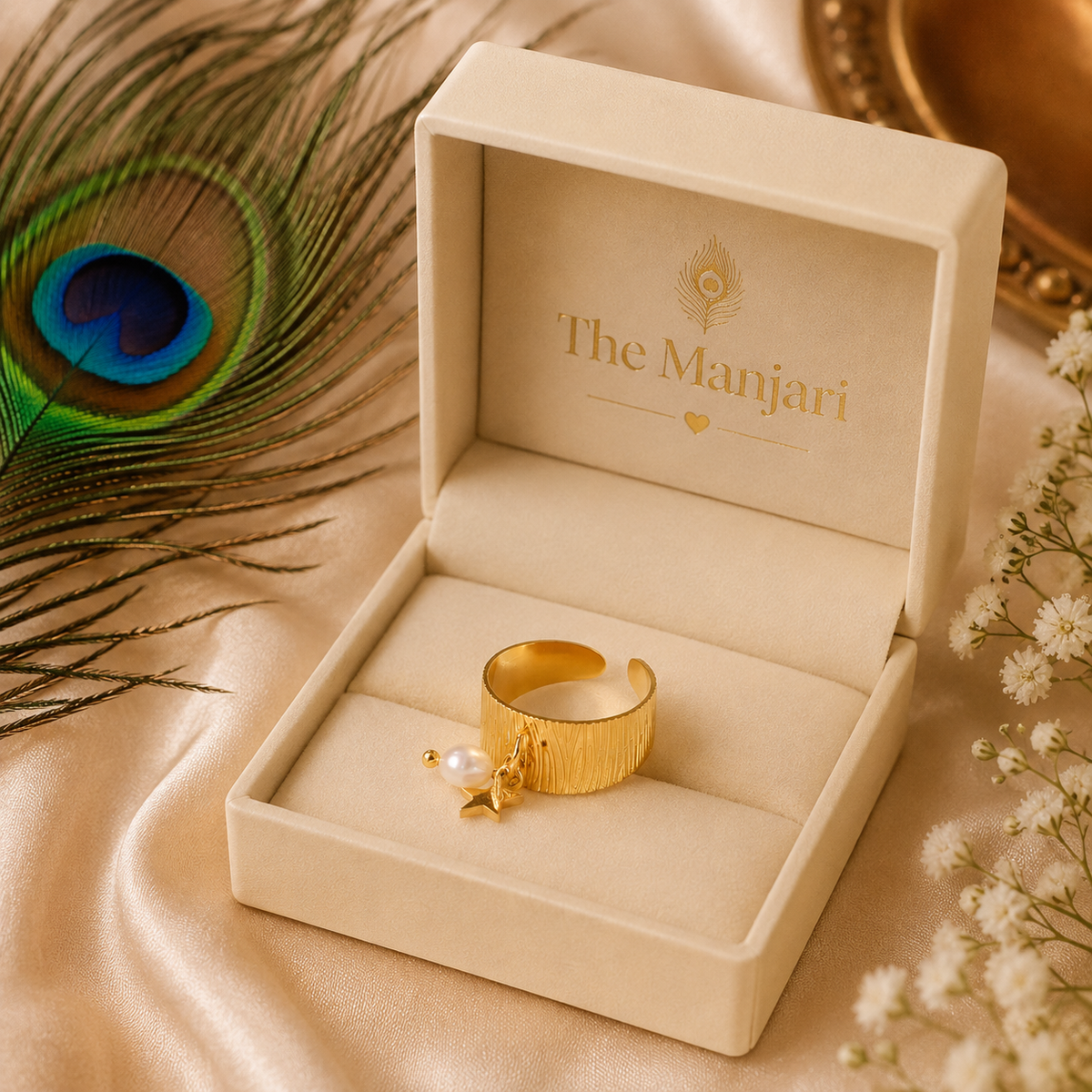Adjustable Heart & Star Charm Ring | Waterproof 18K Gold Plated Stainless Steel Ring for Women