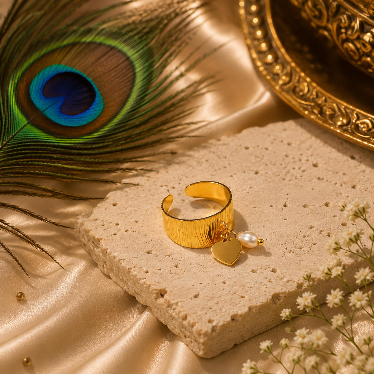 Adjustable Heart & Star Charm Ring | Waterproof 18K Gold Plated Stainless Steel Ring for Women