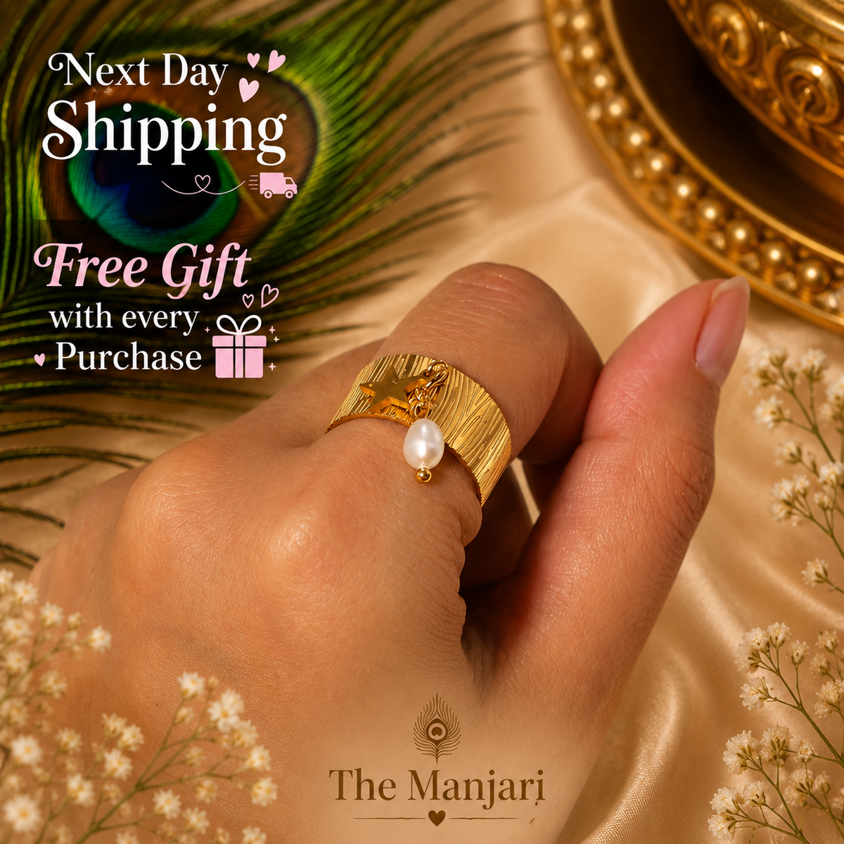 Adjustable Heart & Star Charm Ring | Waterproof 18K Gold Plated Stainless Steel Ring for Women