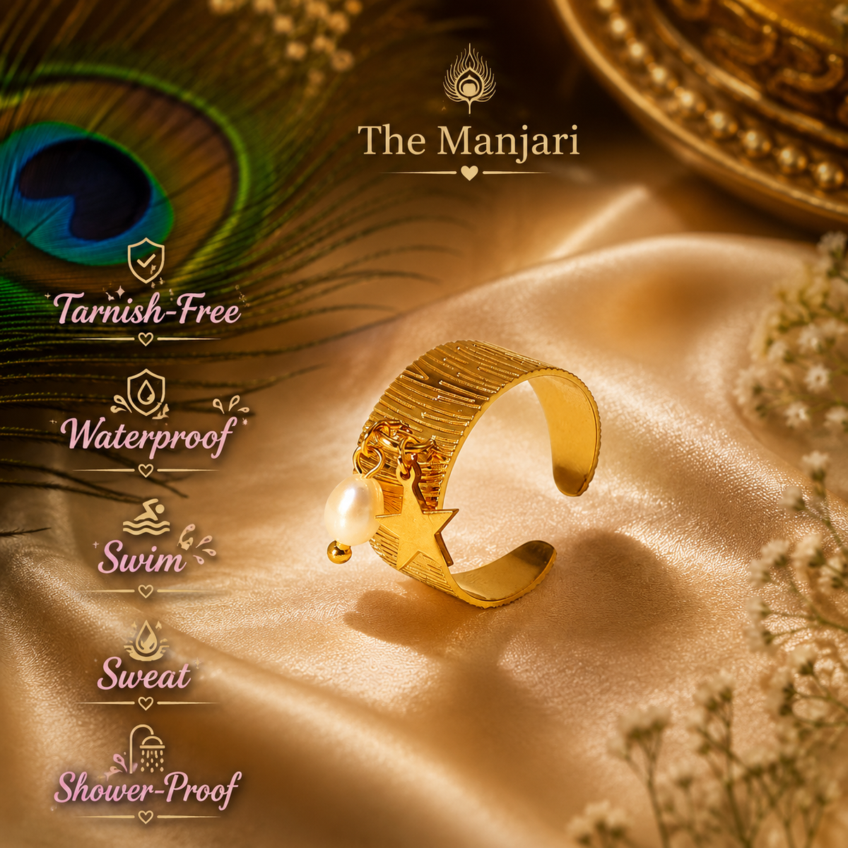 Adjustable Heart & Star Charm Ring | Waterproof 18K Gold Plated Stainless Steel Ring for Women