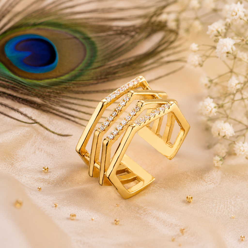 Adjustable Geometric Cubic Zirconia Ring | Waterproof 18K Gold Plated Stainless Steel Statement Ring for Women