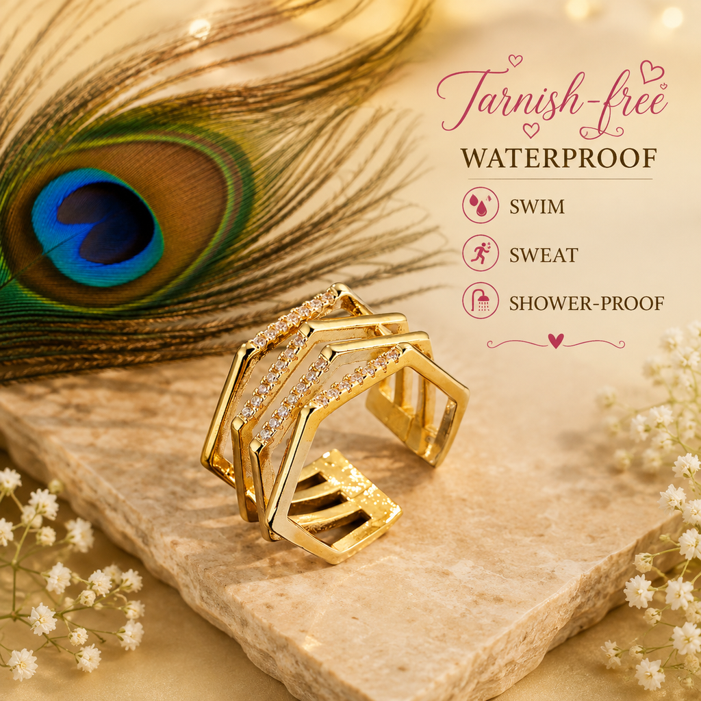 Adjustable Geometric Cubic Zirconia Ring | Waterproof 18K Gold Plated Stainless Steel Statement Ring for Women