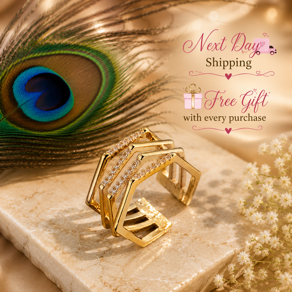 Adjustable Geometric Cubic Zirconia Ring | Waterproof 18K Gold Plated Stainless Steel Statement Ring for Women