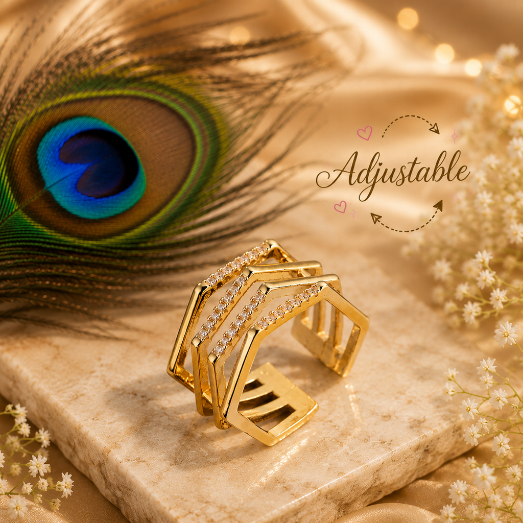 Adjustable Geometric Cubic Zirconia Ring | Waterproof 18K Gold Plated Stainless Steel Statement Ring for Women