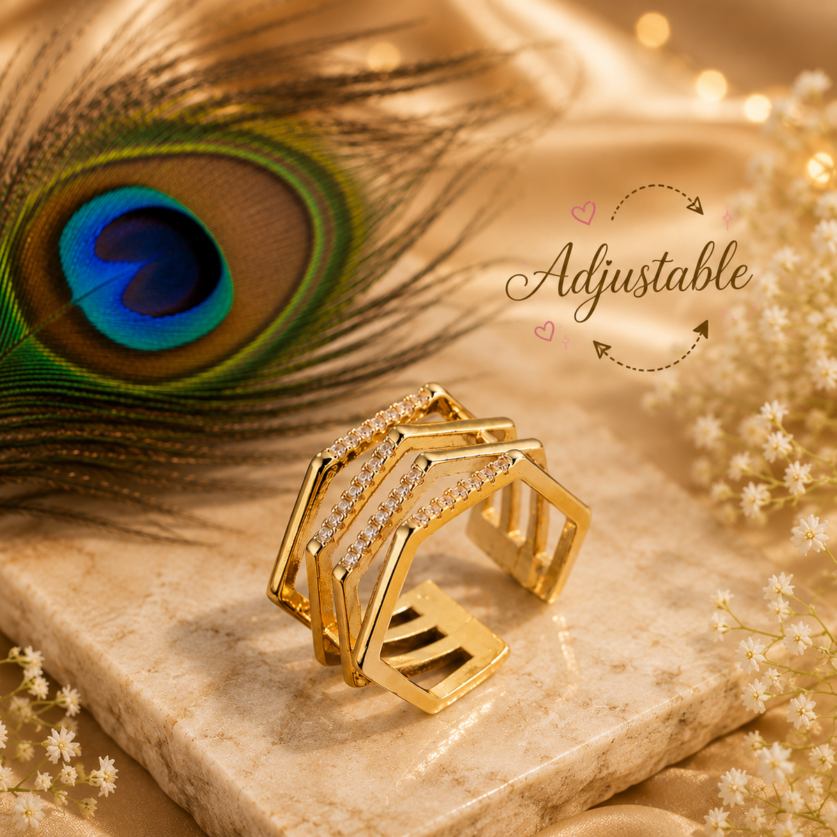Adjustable Geometric Cubic Zirconia Ring | Waterproof 18K Gold Plated Stainless Steel Statement Ring for Women