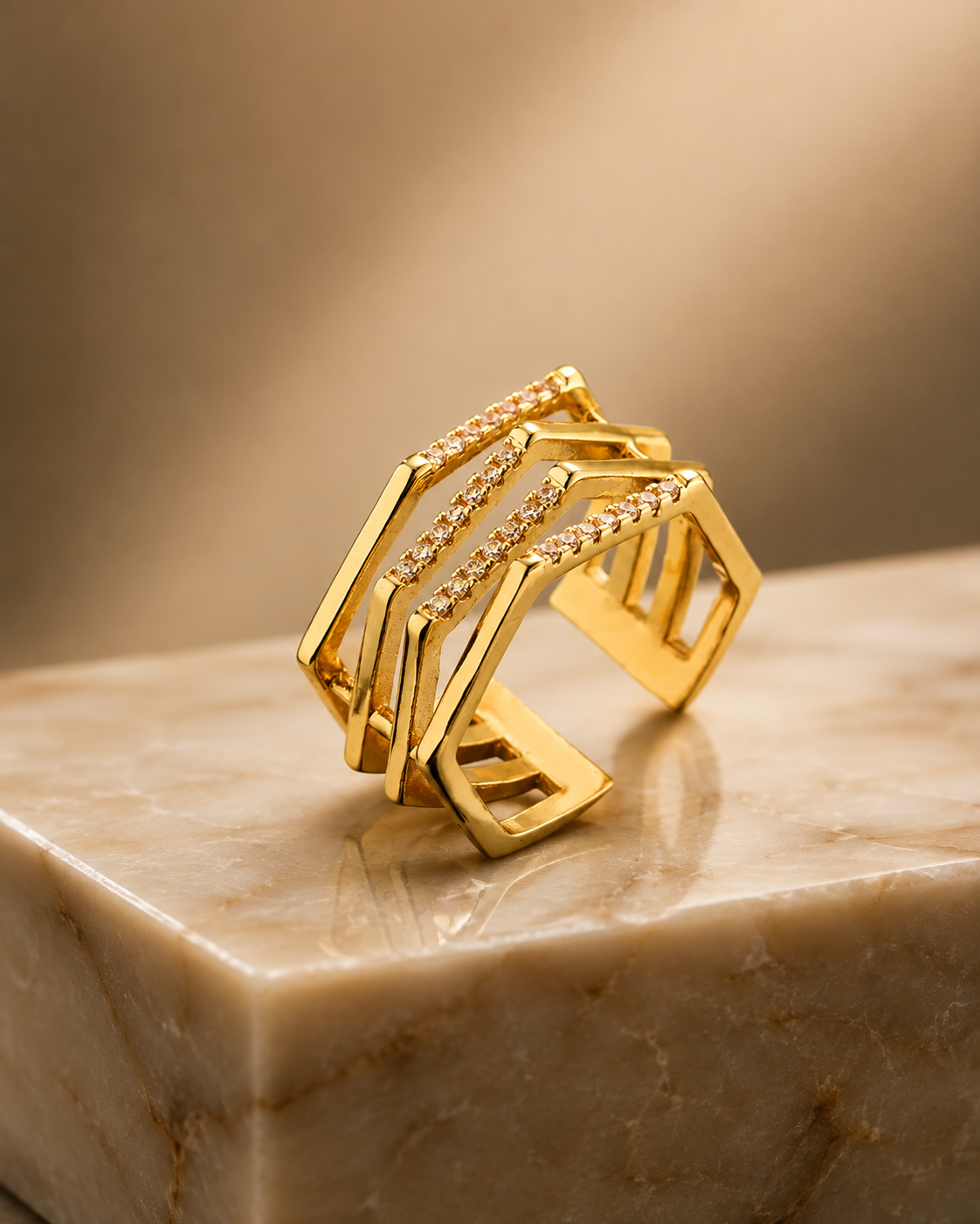 Adjustable Geometric Cubic Zirconia Ring | Waterproof 18K Gold Plated Stainless Steel Statement Ring for Women