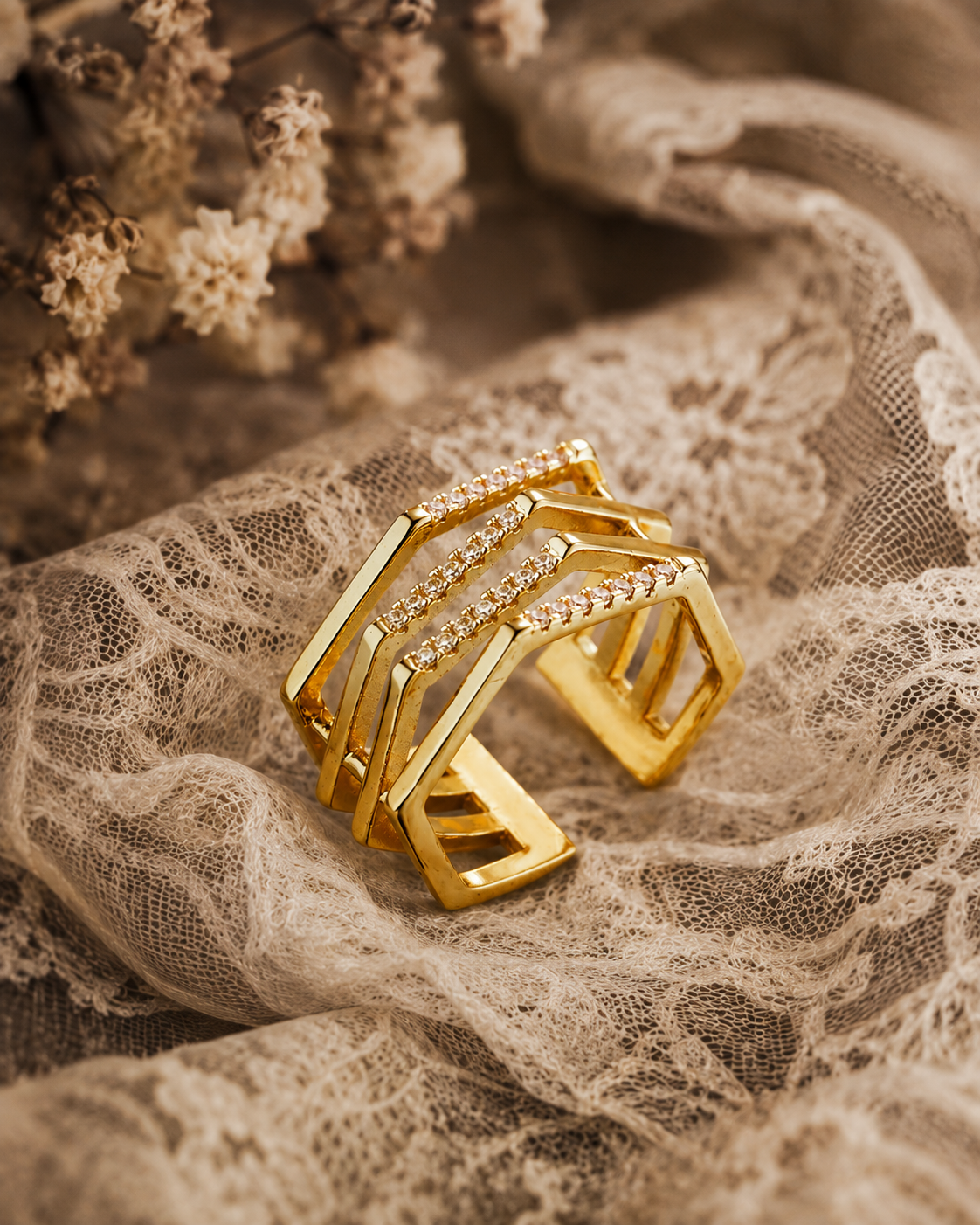 Adjustable Geometric Cubic Zirconia Ring | Waterproof 18K Gold Plated Stainless Steel Statement Ring for Women