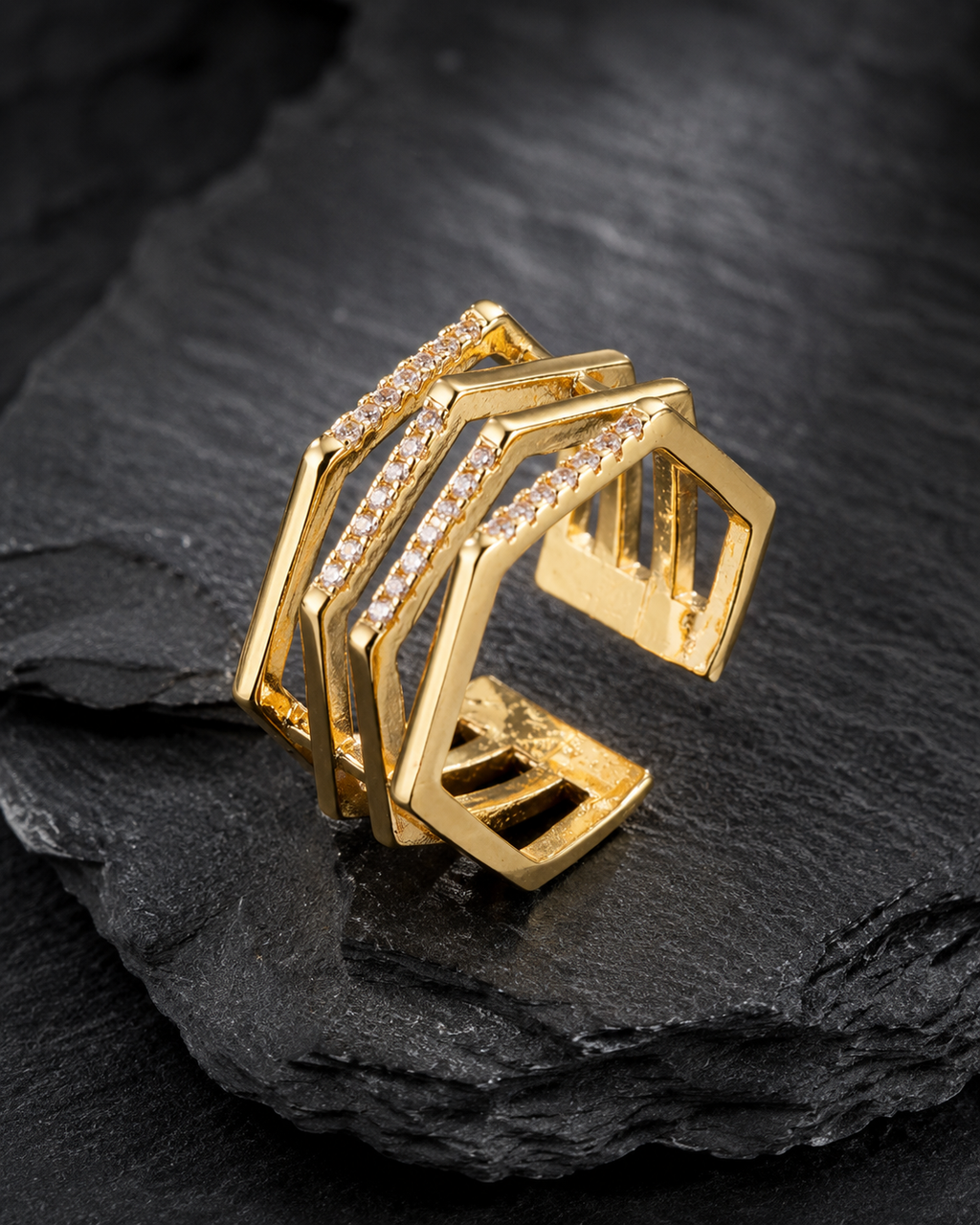 Adjustable Geometric Cubic Zirconia Ring | Waterproof 18K Gold Plated Stainless Steel Statement Ring for Women