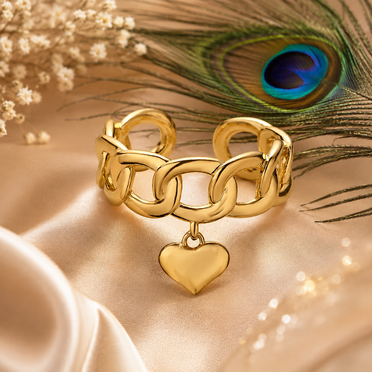 Adjustable Heart Chain Ring | Waterproof 18K Gold Plated Stainless Steel Statement Ring for Women