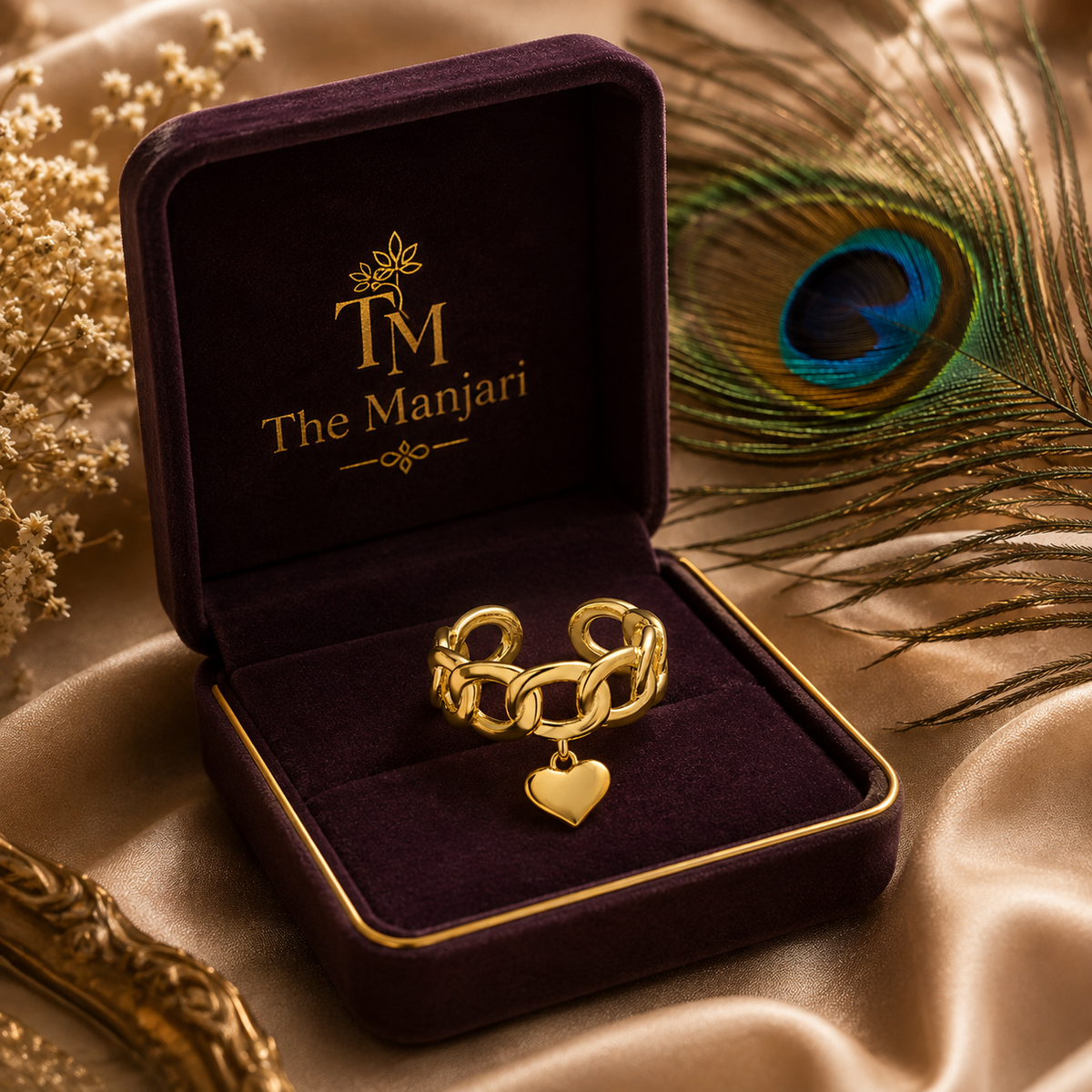 Adjustable Heart Chain Ring | Waterproof 18K Gold Plated Stainless Steel Statement Ring for Women