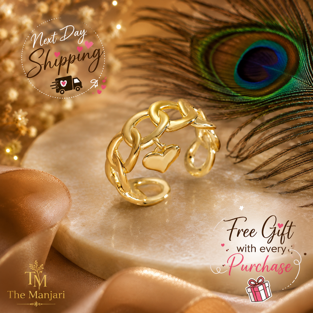 Adjustable Heart Chain Ring | Waterproof 18K Gold Plated Stainless Steel Statement Ring for Women