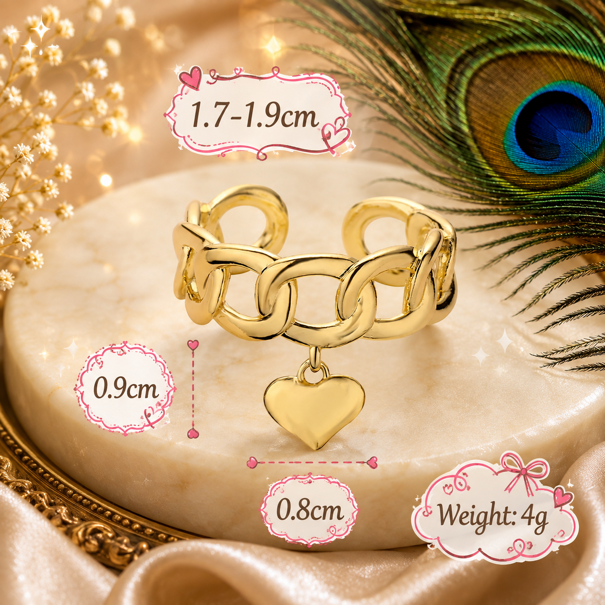 Adjustable Heart Chain Ring | Waterproof 18K Gold Plated Stainless Steel Statement Ring for Women