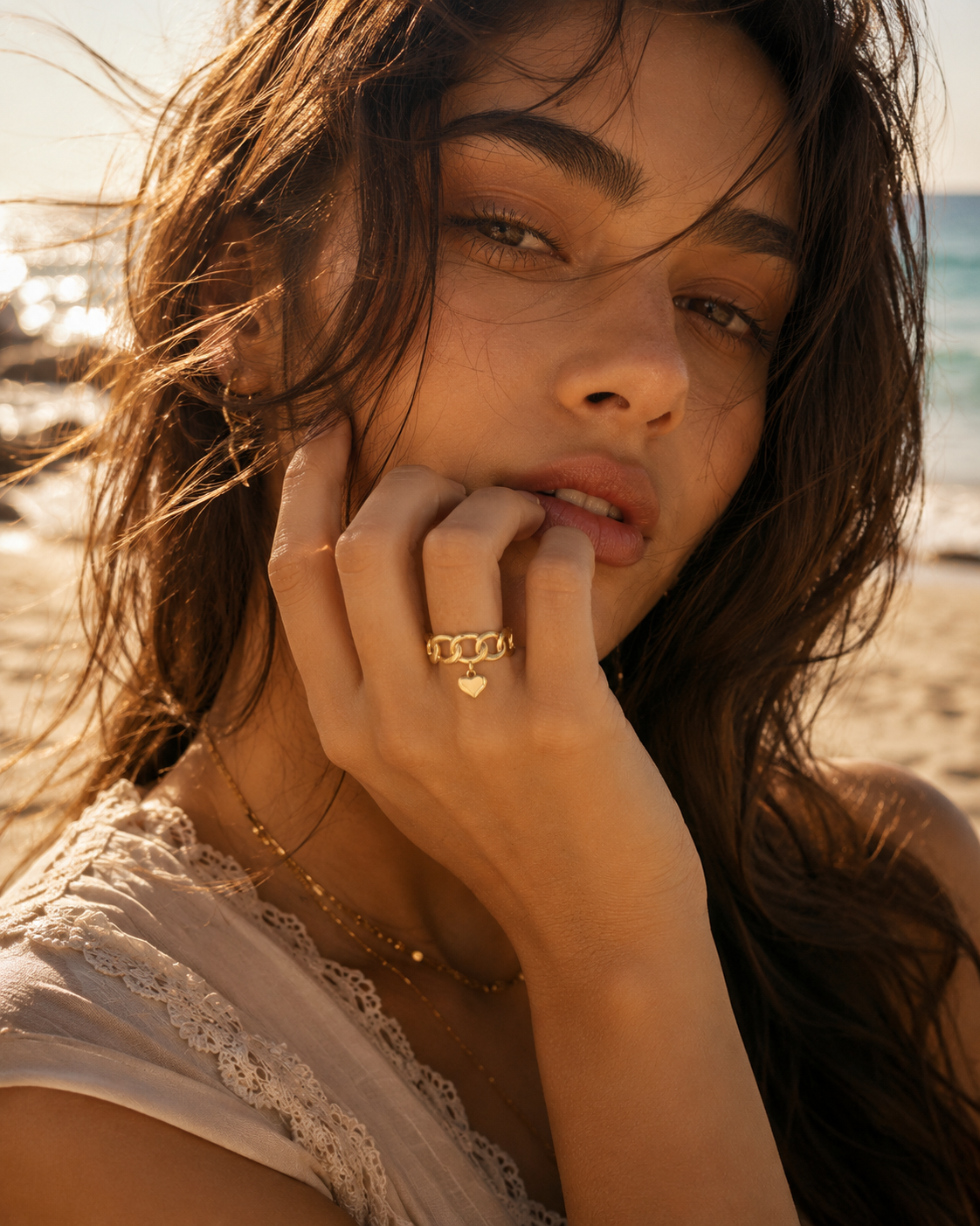 Adjustable Heart Chain Ring | Waterproof 18K Gold Plated Stainless Steel Statement Ring for Women