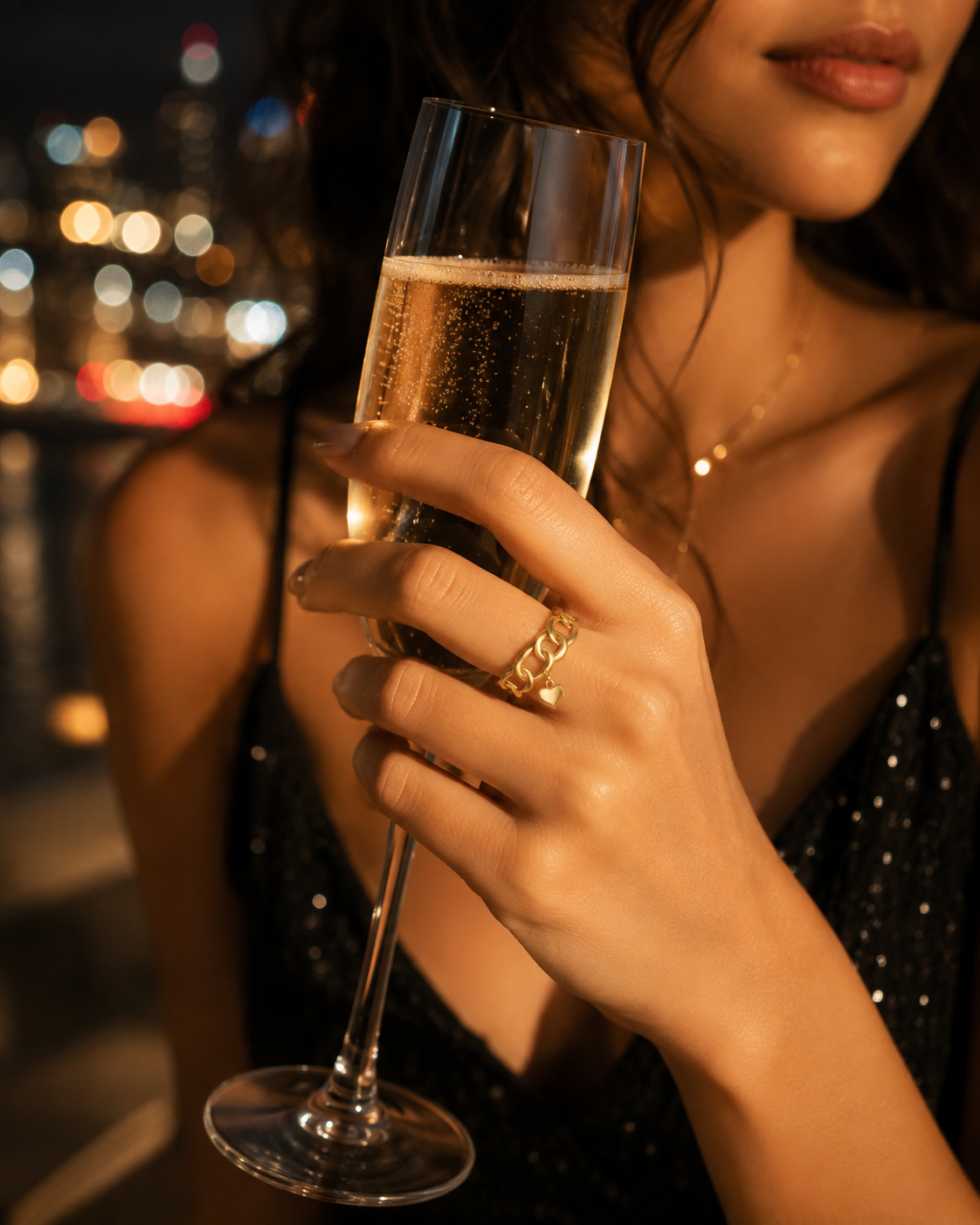 Adjustable Heart Chain Ring | Waterproof 18K Gold Plated Stainless Steel Statement Ring for Women