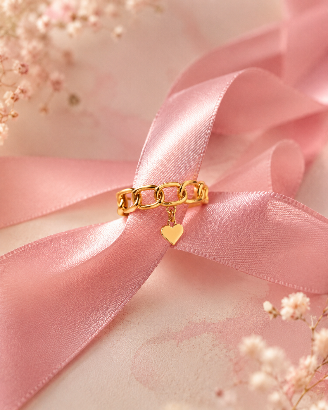 Adjustable Heart Chain Ring | Waterproof 18K Gold Plated Stainless Steel Statement Ring for Women