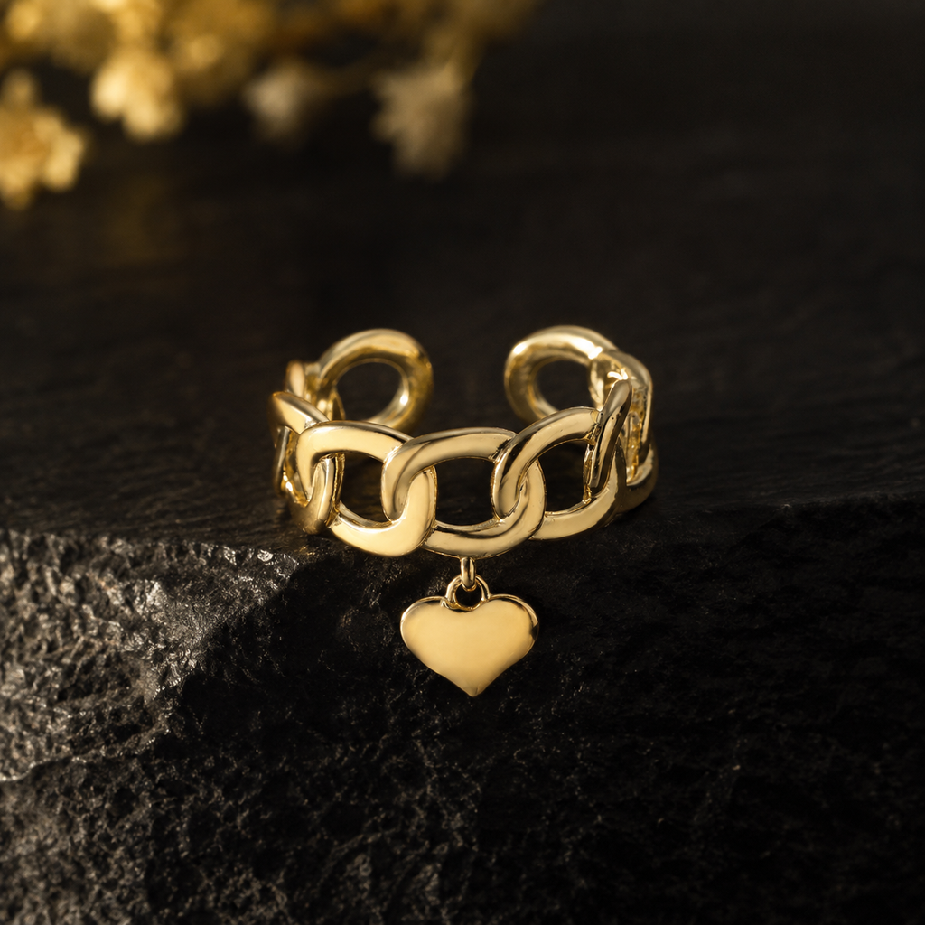 Adjustable Heart Chain Ring | Waterproof 18K Gold Plated Stainless Steel Statement Ring for Women