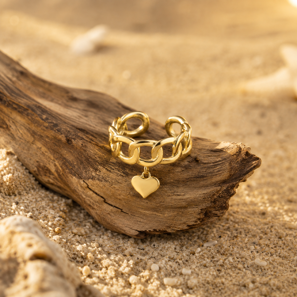 Adjustable Heart Chain Ring | Waterproof 18K Gold Plated Stainless Steel Statement Ring for Women
