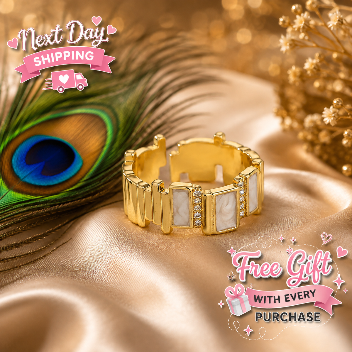 Adjustable Cubic Zirconia Gold Ring | Waterproof Tarnish-Free Stainless Steel Statement Ring for Women