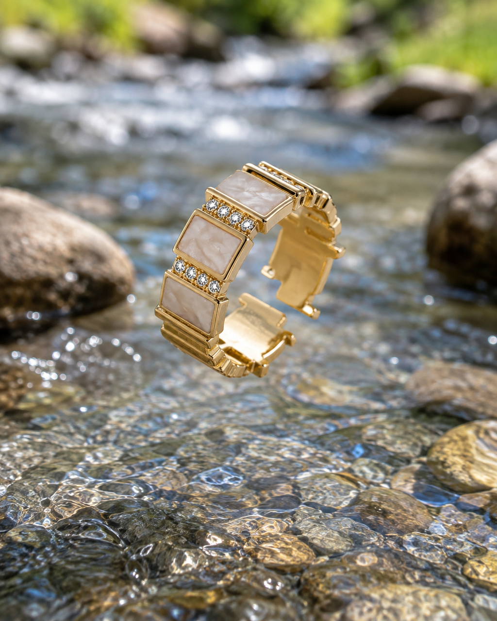 Adjustable Cubic Zirconia Gold Ring | Waterproof Tarnish-Free Stainless Steel Statement Ring for Women