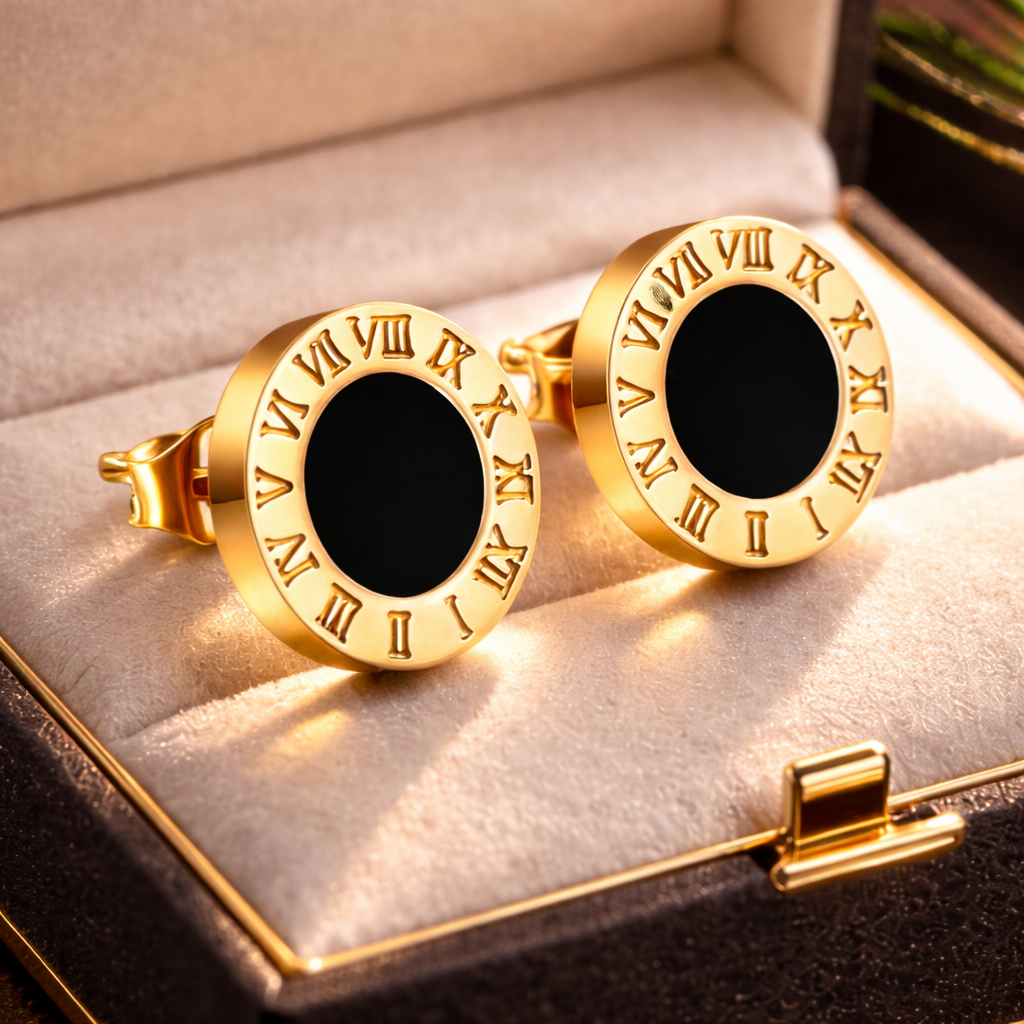 Gold Roman Black Enamel Numeral Stud Earrings