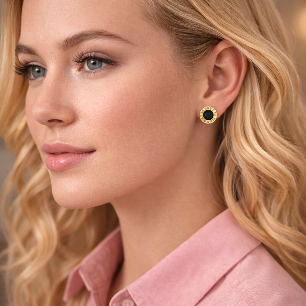Gold Roman Black Enamel Numeral Stud Earrings