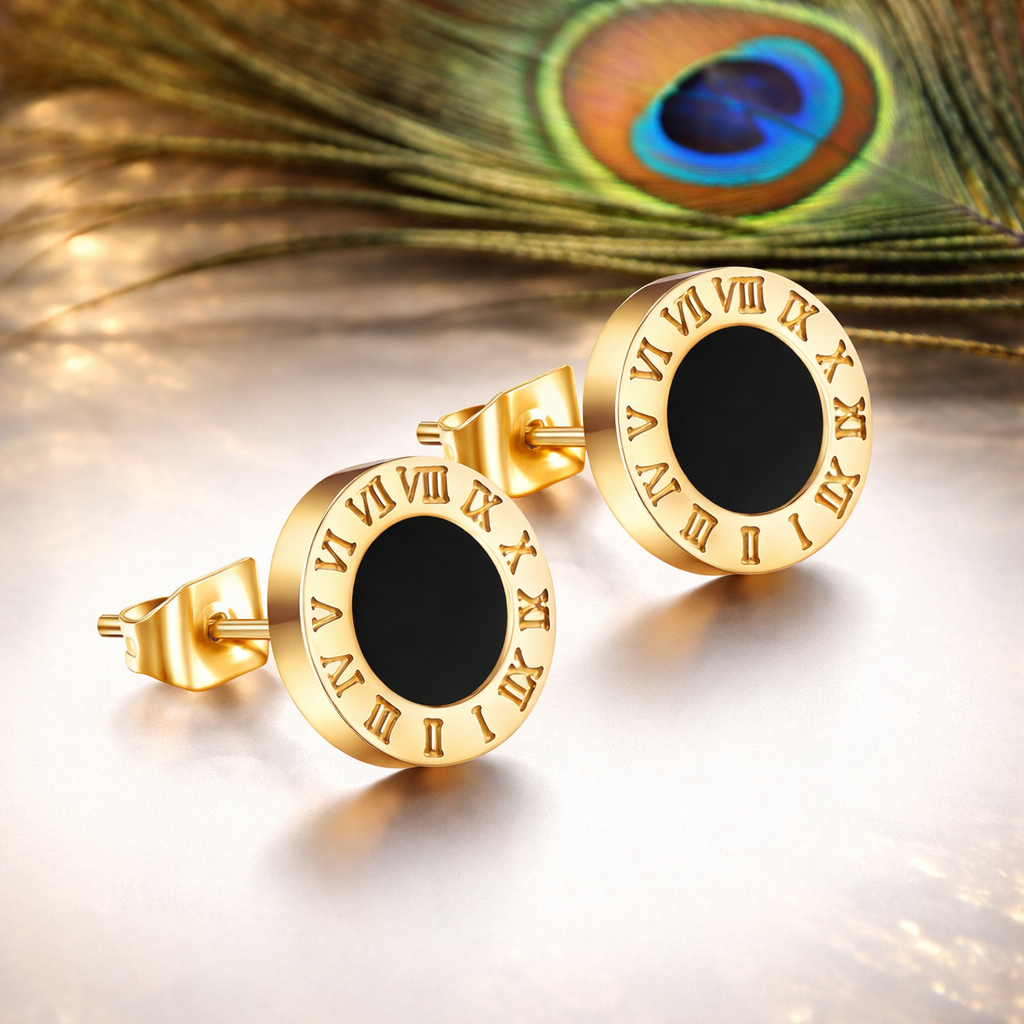 Gold Roman Black Enamel Numeral Stud Earrings