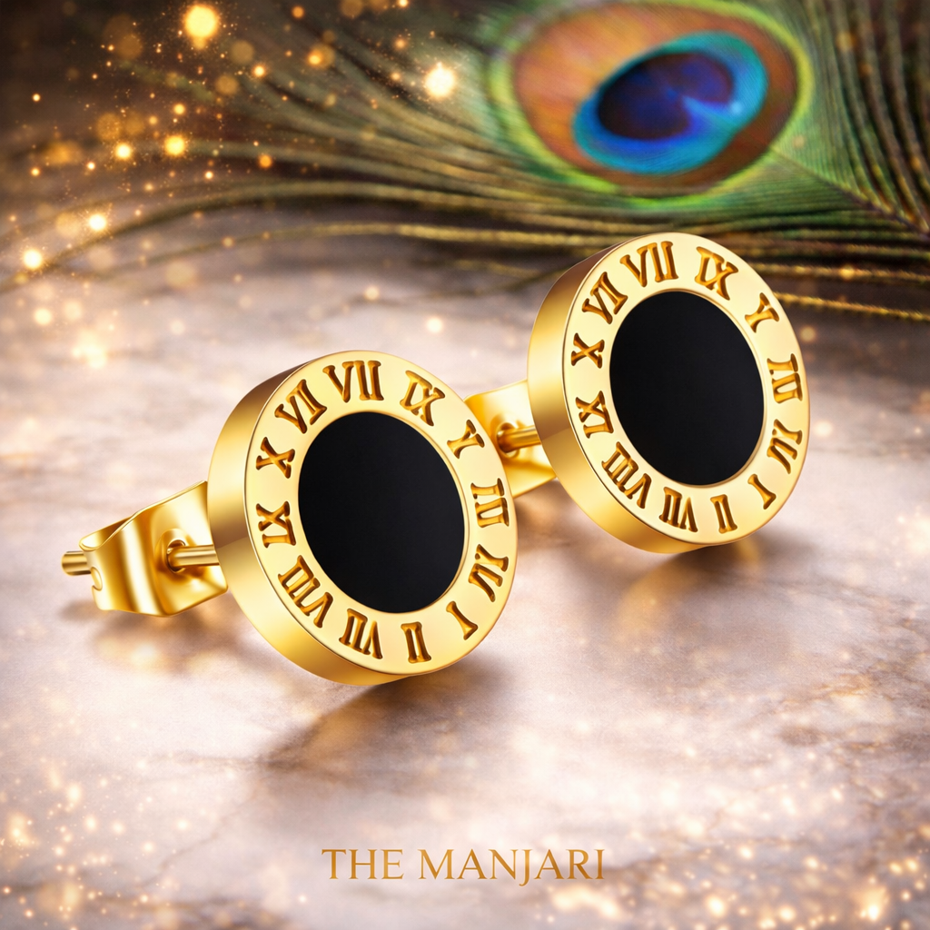 Gold Roman Black Enamel Numeral Stud Earrings